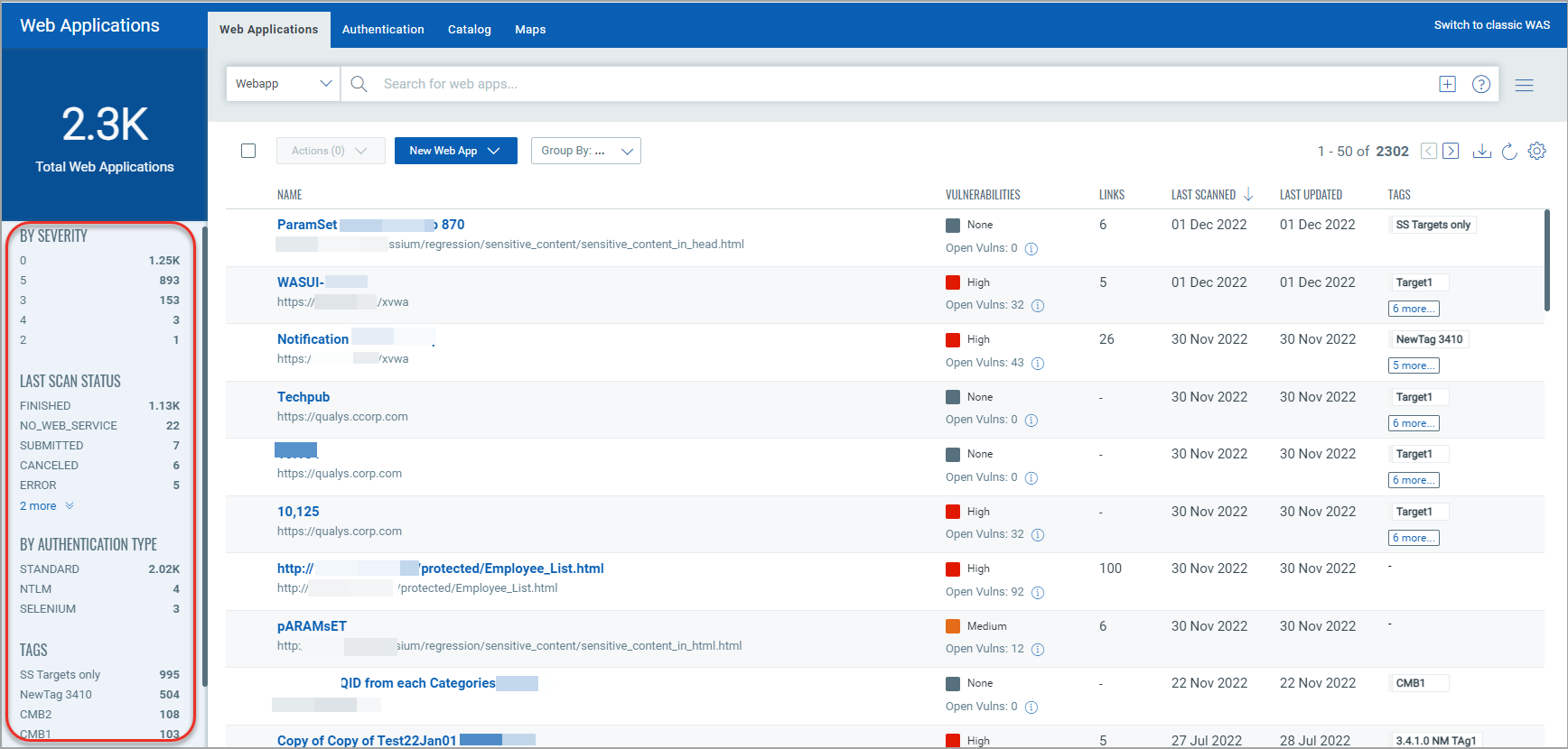 Quick filters pane in Web Applications tab.
